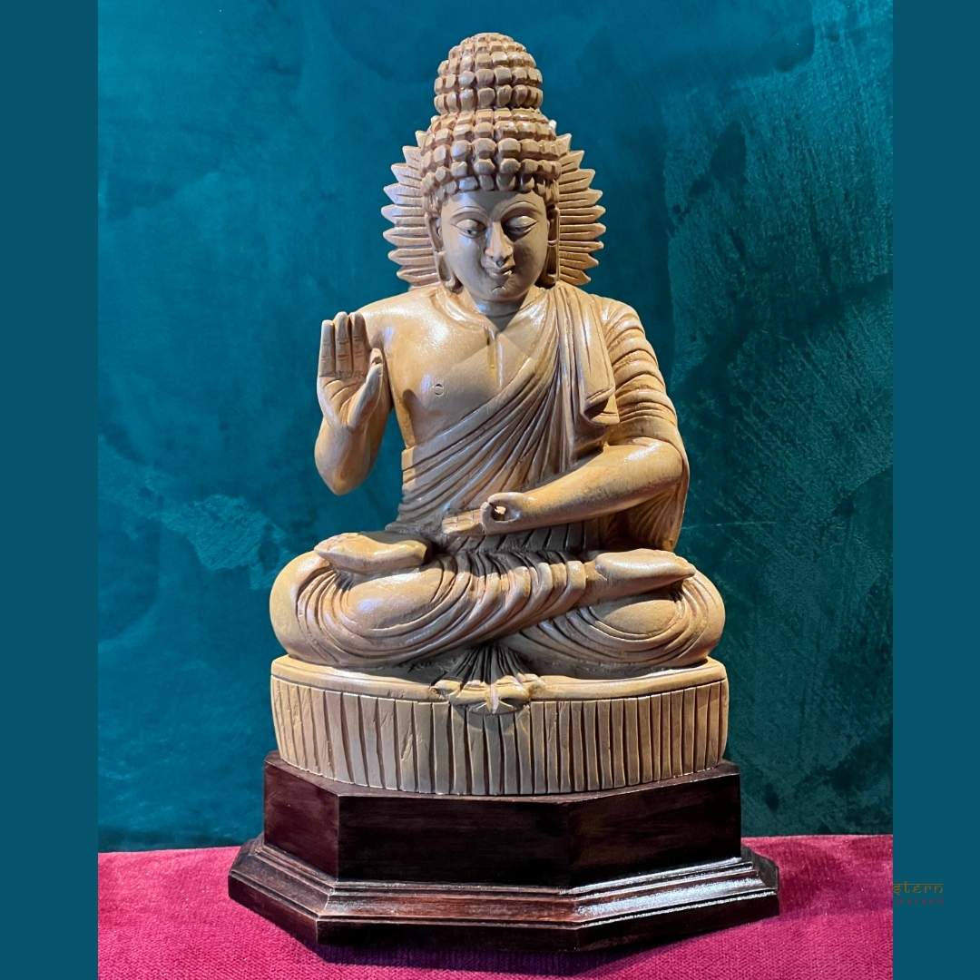 Hand-Carved White Cedar Wood Buddha Statue