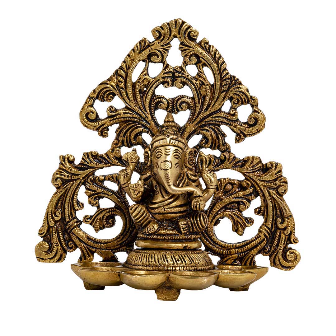 Brass Ganesha Statue with Jali Frame and Diya Holder