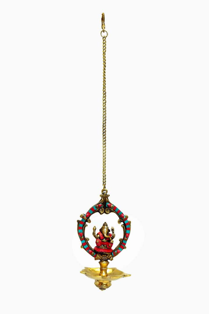 Brass Ganesh Oil Lamp with Artistic Stone Inlay
