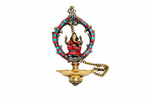 Brass Ganesh Oil Lamp with Artistic Stone Inlay