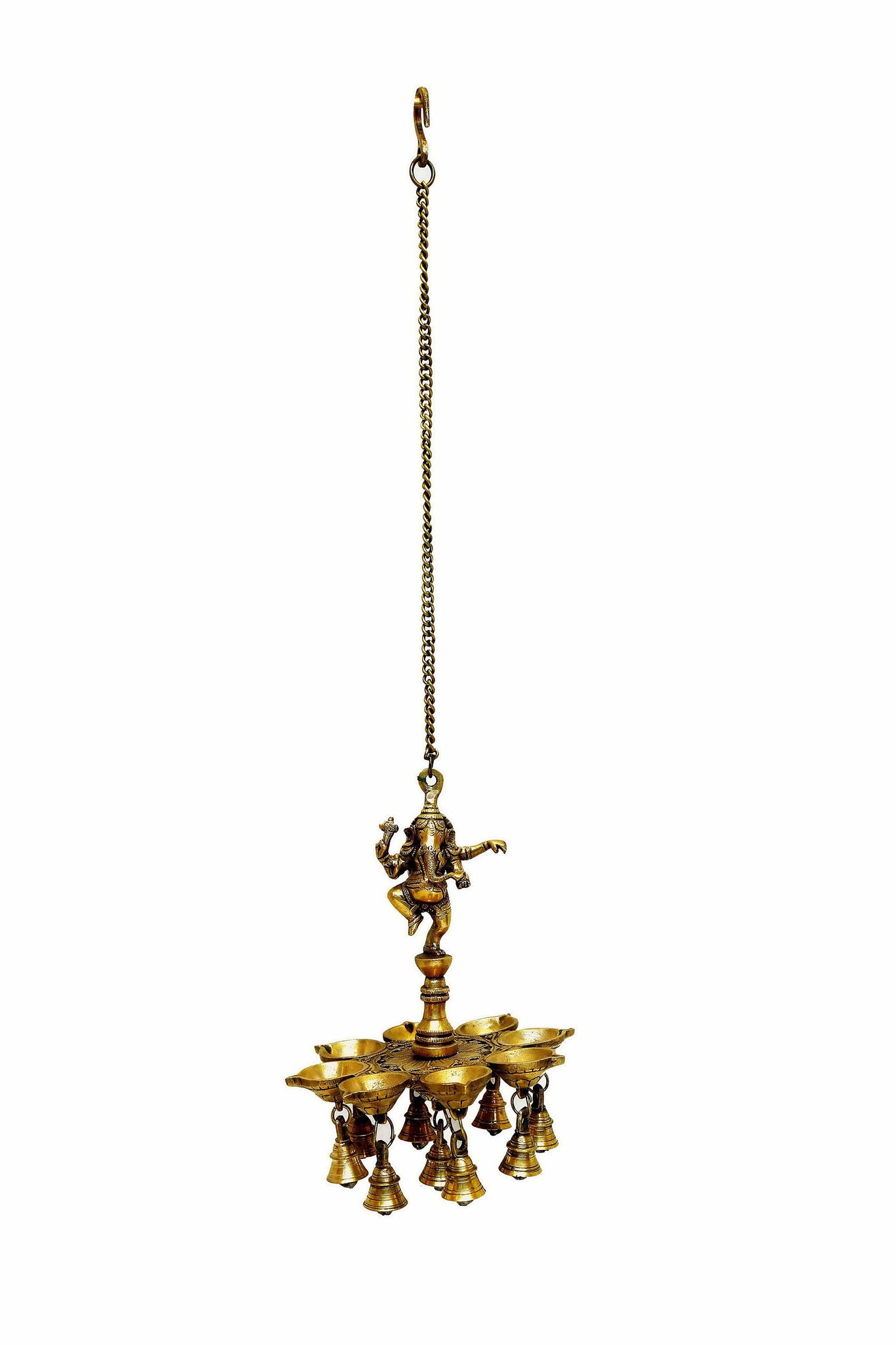 Brass Ganesha Traditional Dancing Statue with Oil Lamp and Bells
