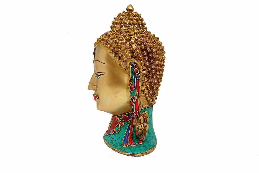 Exquisitely Handcrafted Brass Buddha Head with Stone Artwork for Home Decor