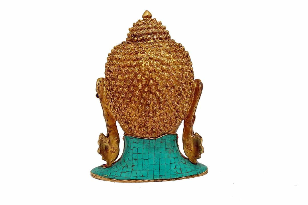 Exquisitely Handcrafted Brass Buddha Head with Stone Artwork for Home Decor