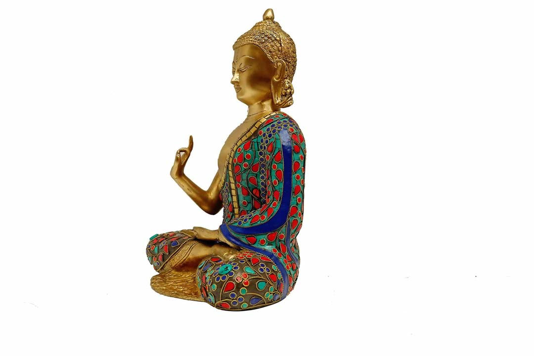 Brass Blessing Hand Buddha Statue with Stone Work