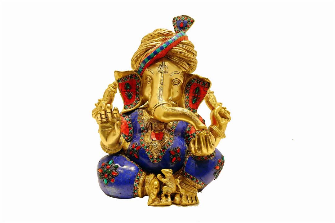 Brass Pagidi Ganesha Statue with Stone Inlay Artwork