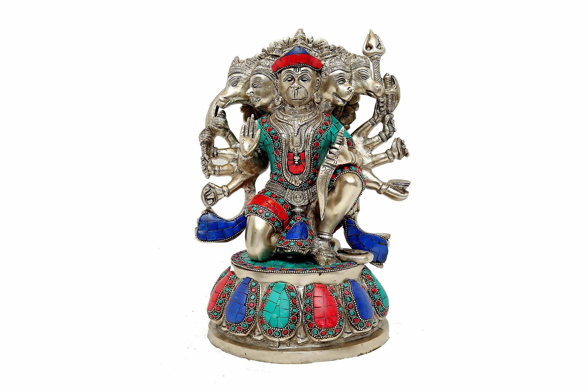 Brass Panchamuka Hanuman With Silver Stone Work