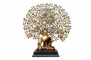 Meditating Brass Buddha with Decorative Tree on Wooden Base