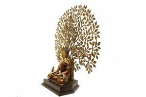 Meditating Brass Buddha with Decorative Tree on Wooden Base
