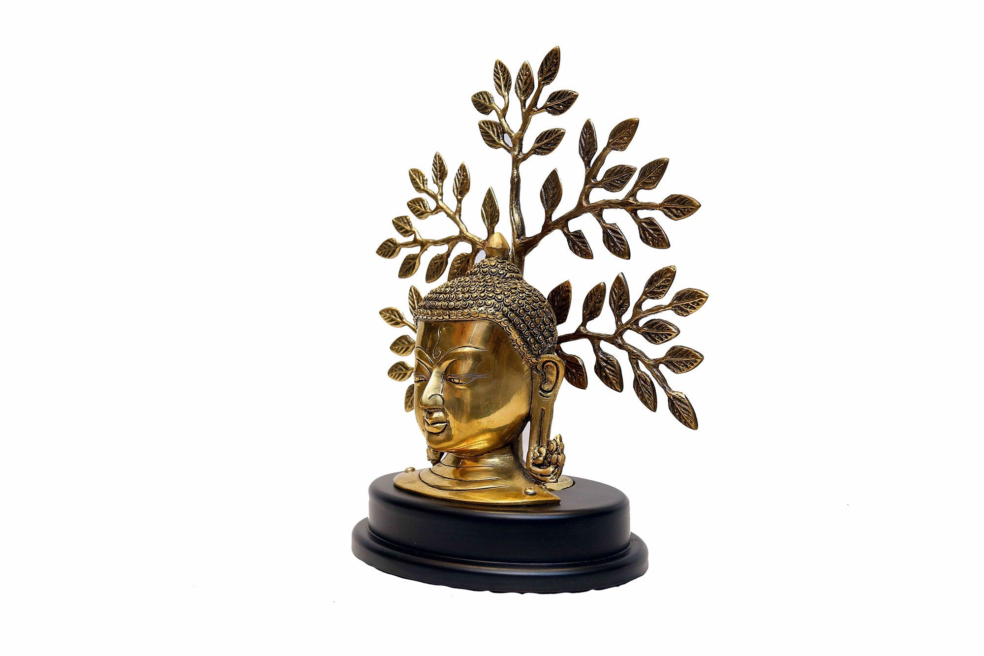 Elegant Brass Buddha Head with Decorative Tree on Polished Wooden Base