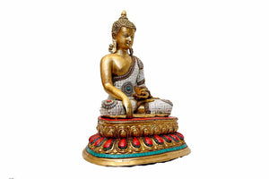 Exquisite Brass Buddha Statue with White Stone Inlay