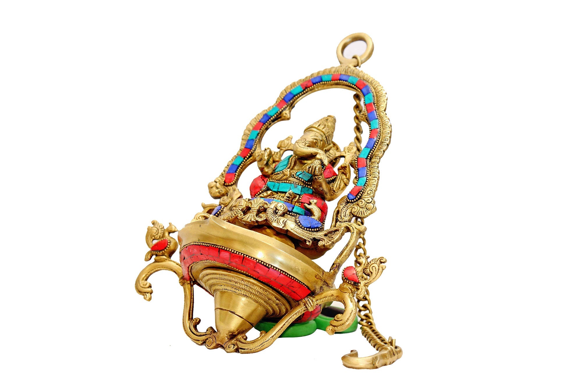 Brass Ganesha Oil Lamp with Stone Work