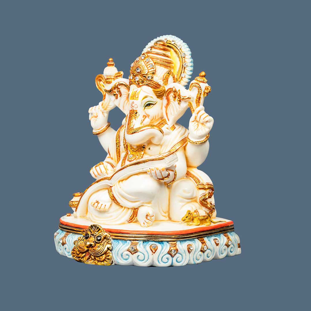 Hand-Carved Marble Sitting Ganesha Statue for Home Decor