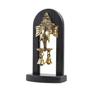 Brass Ganesha Wall Hanging Diya with Bells on Wooden Stand for Home Decor