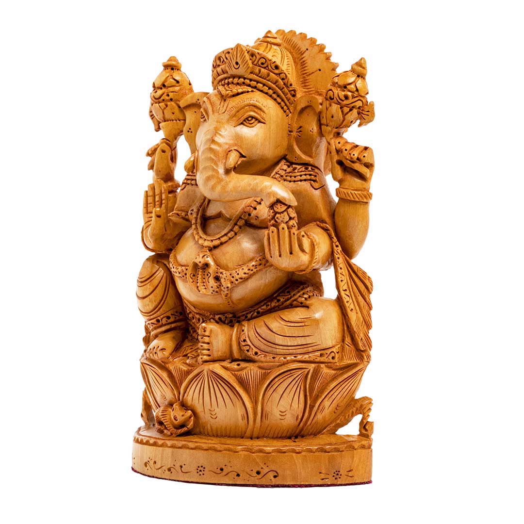 Finely Carved Cedar Wood Ganesha Statue For Home Decor