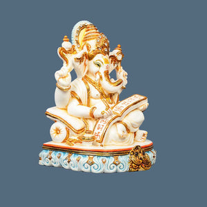 Hand-Carved Marble Sitting Ganesha Statue for Home Decor