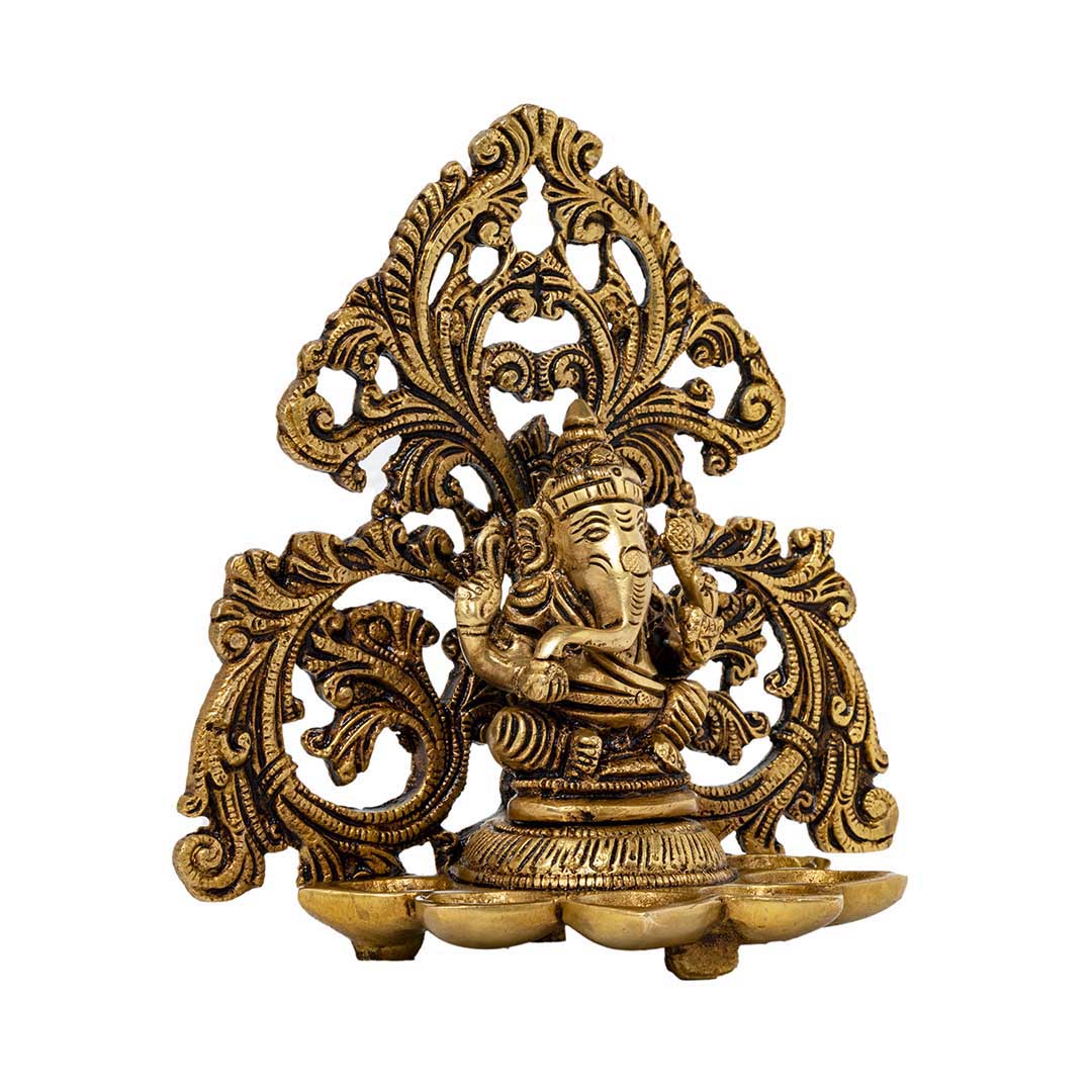 Brass Ganesha Statue with Jali Frame and Diya Holder