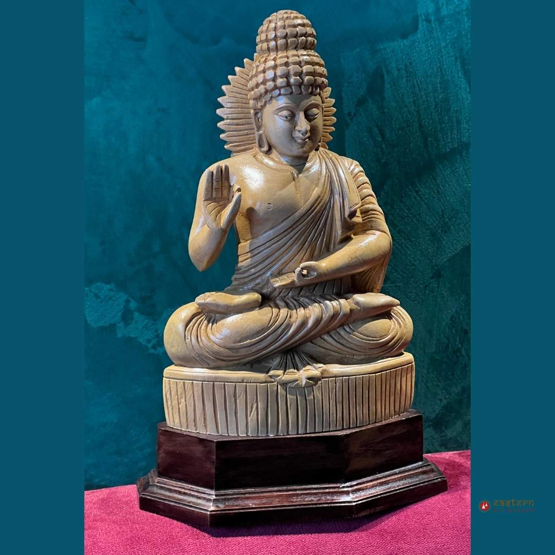 Hand-Carved White Cedar Wood Buddha Statue