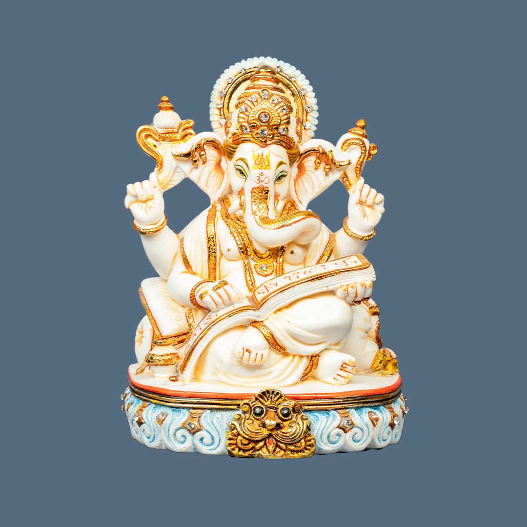 Multicolor Ganesha on wood sitting state/ idol (Small)