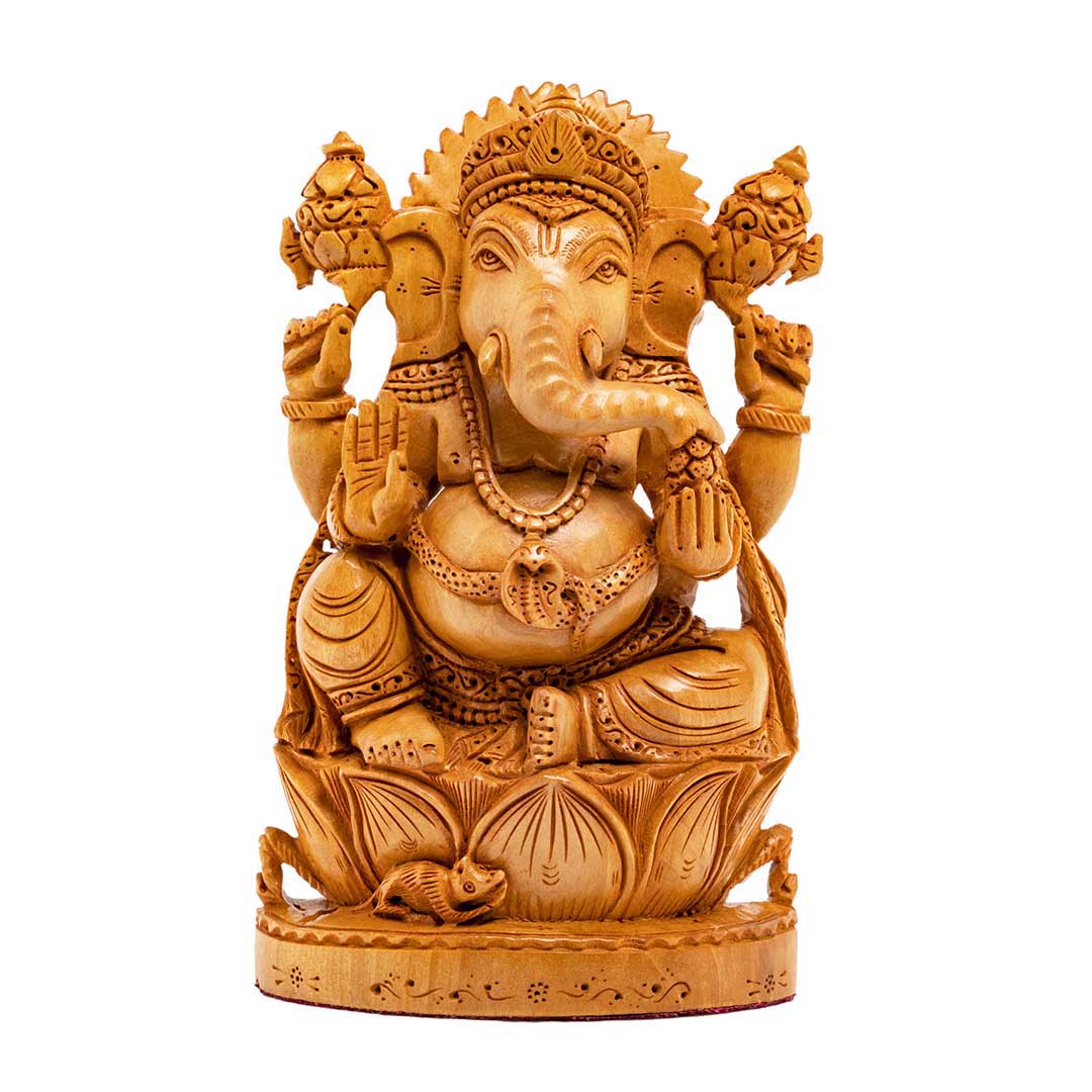 Finely Carved Cedar Wood Ganesha Statue For Home Decor