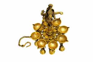 Brass Ganesha Traditional Dancing Statue with Oil Lamp and Bells