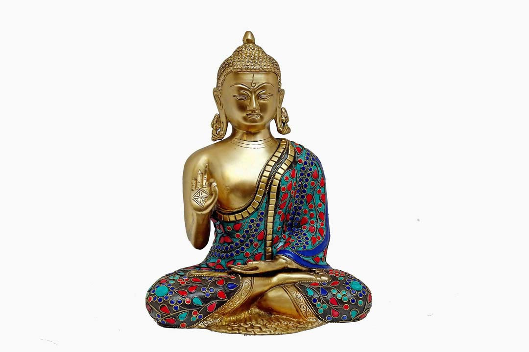Brass Blessing Hand Buddha Statue with Stone Work