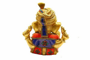 Brass Pagidi Ganesha Statue with Stone Inlay Artwork